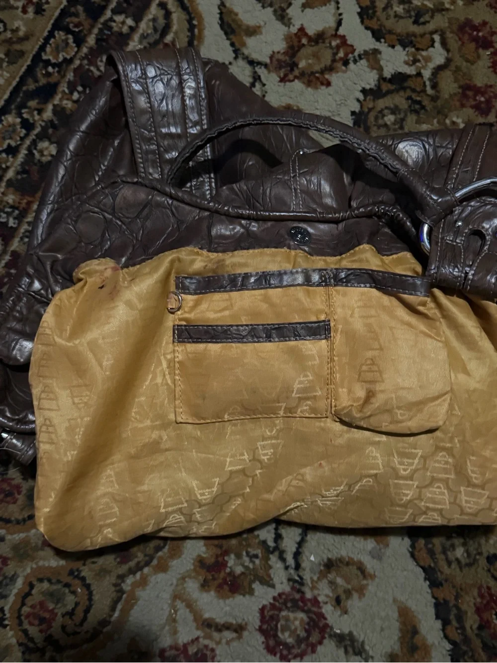 Y2K Kathy Van Zeeland Brown Croc-Embossed Hobo Shoulder Bag
